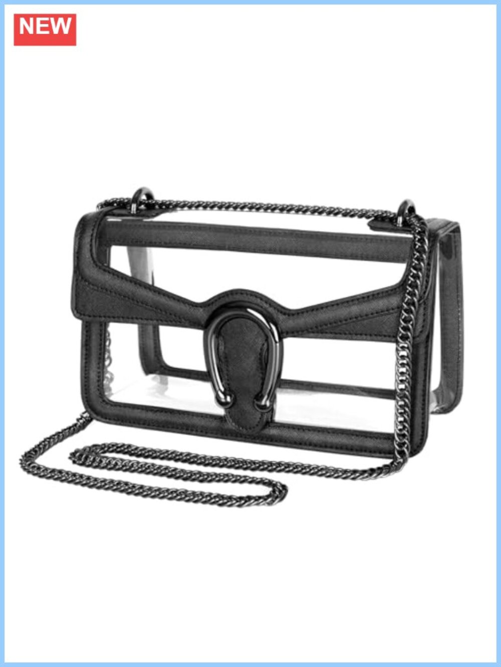 Clear PVC Stadium Approved Handbag Vegan Leather Trim Chain Strap Shoulder Bag